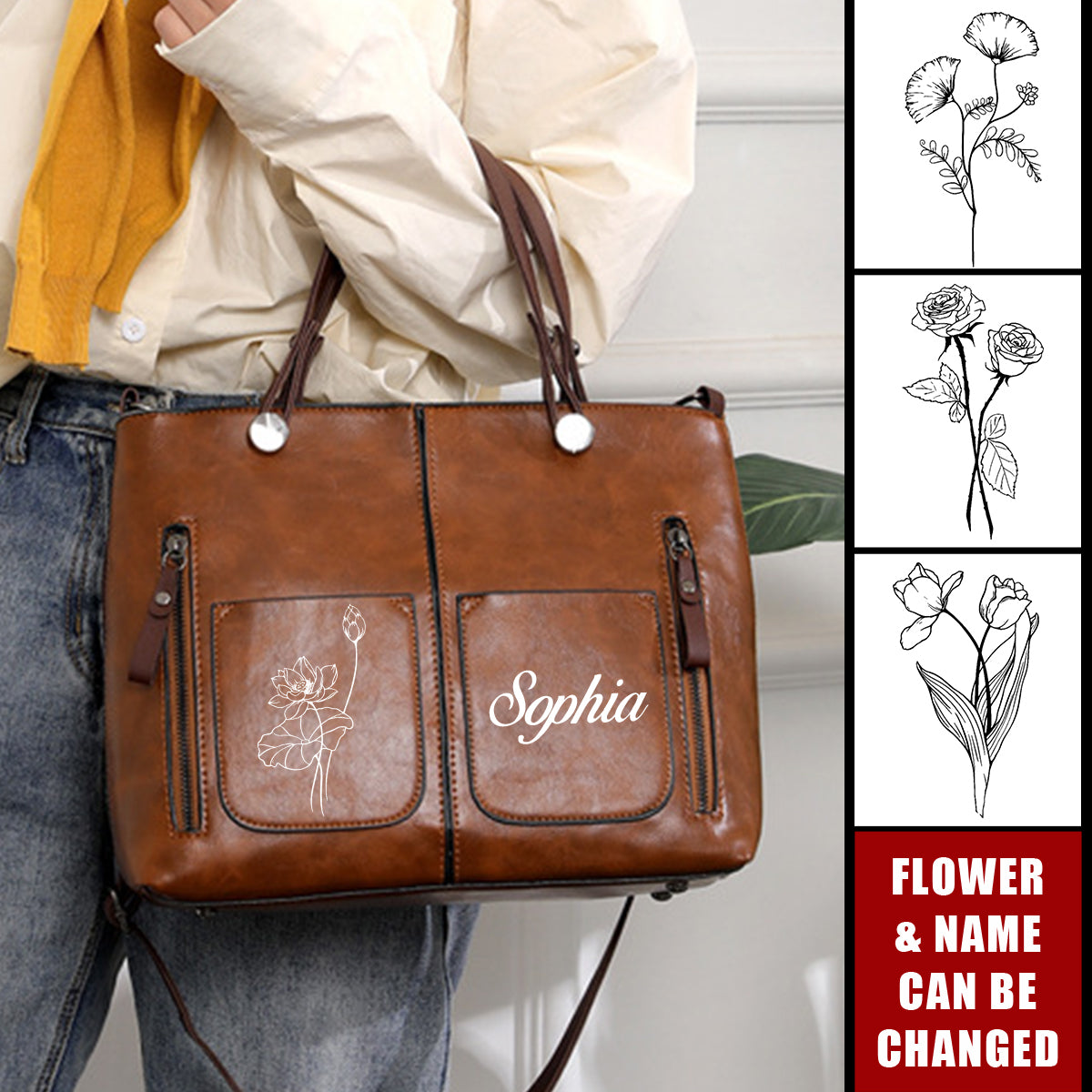 Personalized Name Birthday Flower Leather Hobo Shoulder Bag Crossbody Handbag